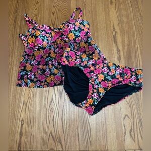 Time and Tru Pink and Orange Two Piece Swimsuit Vibrant Floral Design